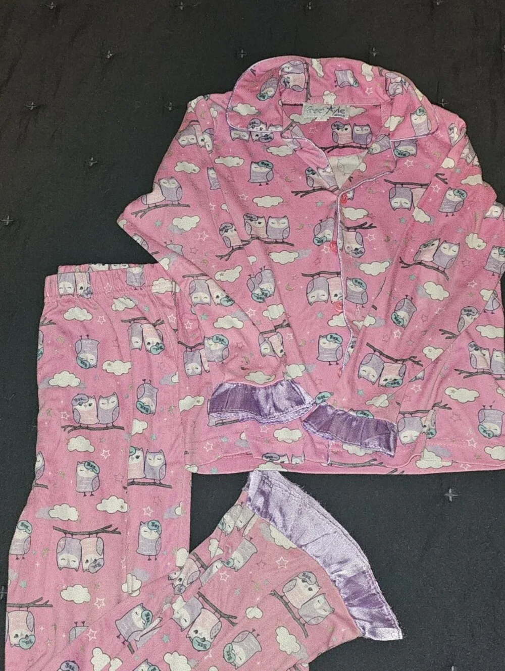 Girls Pink Owl Pajama Set with Purple Trim